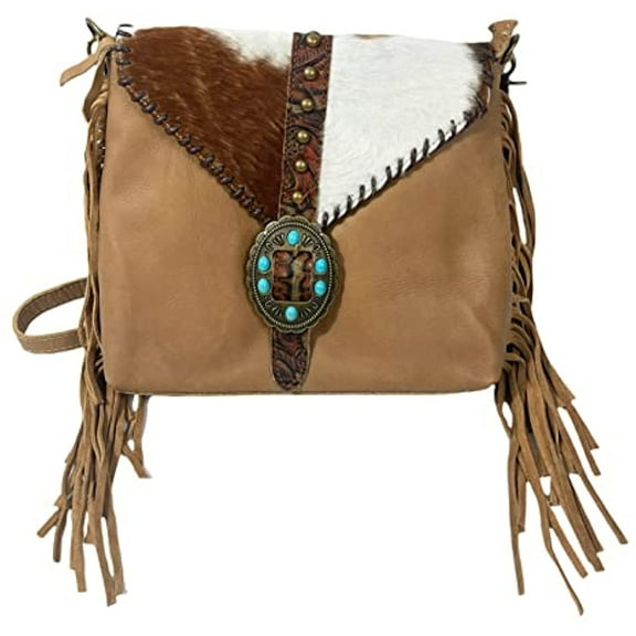 Urbalabs Western Crossbody Fringe Buckle Cowhair Leather Messenger Teal Stone Tooled Tote Bag Hand Stitched Purses (Tan)