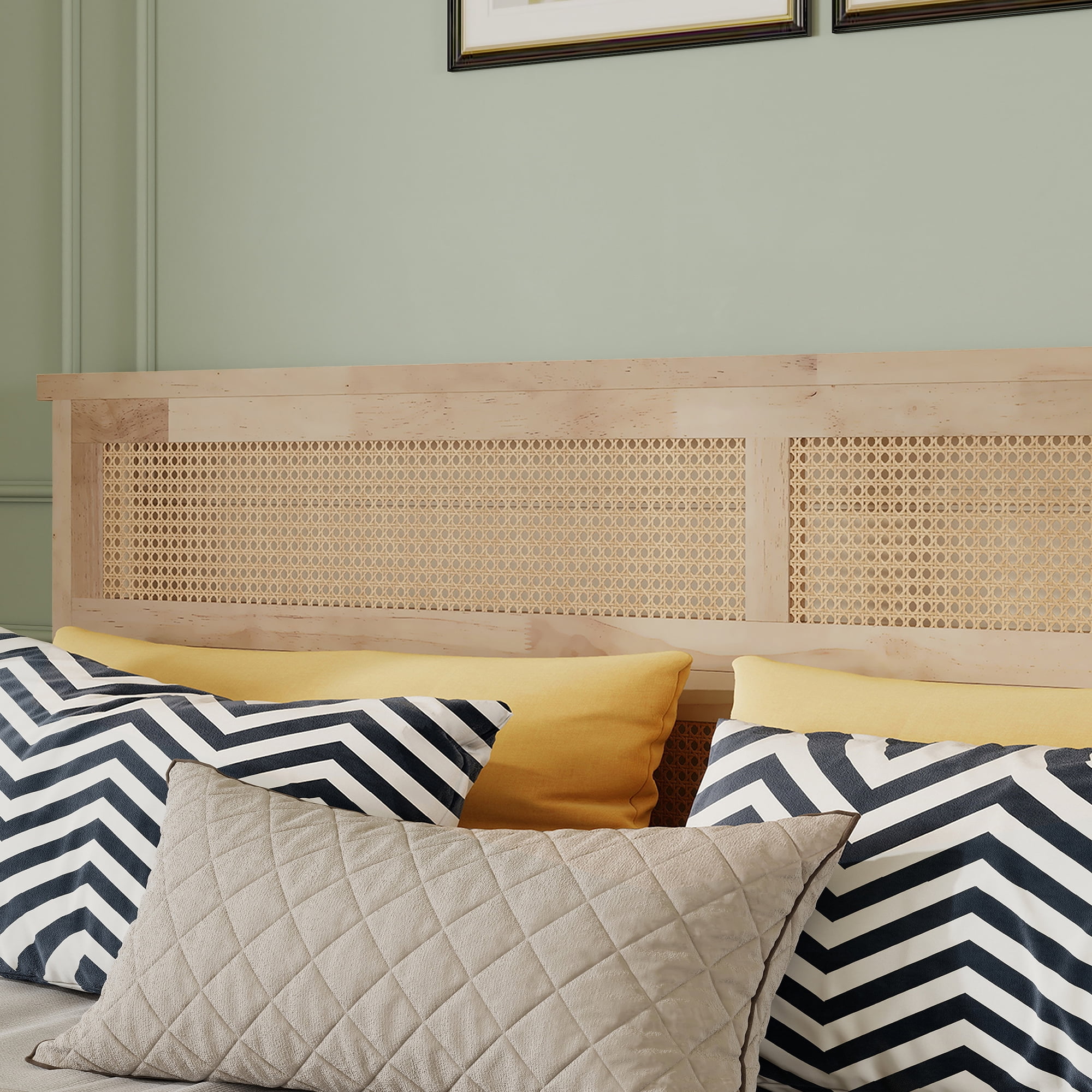King Size Solid Wood Bed with Rattan Headboard, Rubber Wood Bed Frame with Central Support Beams and 8 Inch Underbed Storage for Bedroom, Natural, 84.5x79.2x40.8 Inch