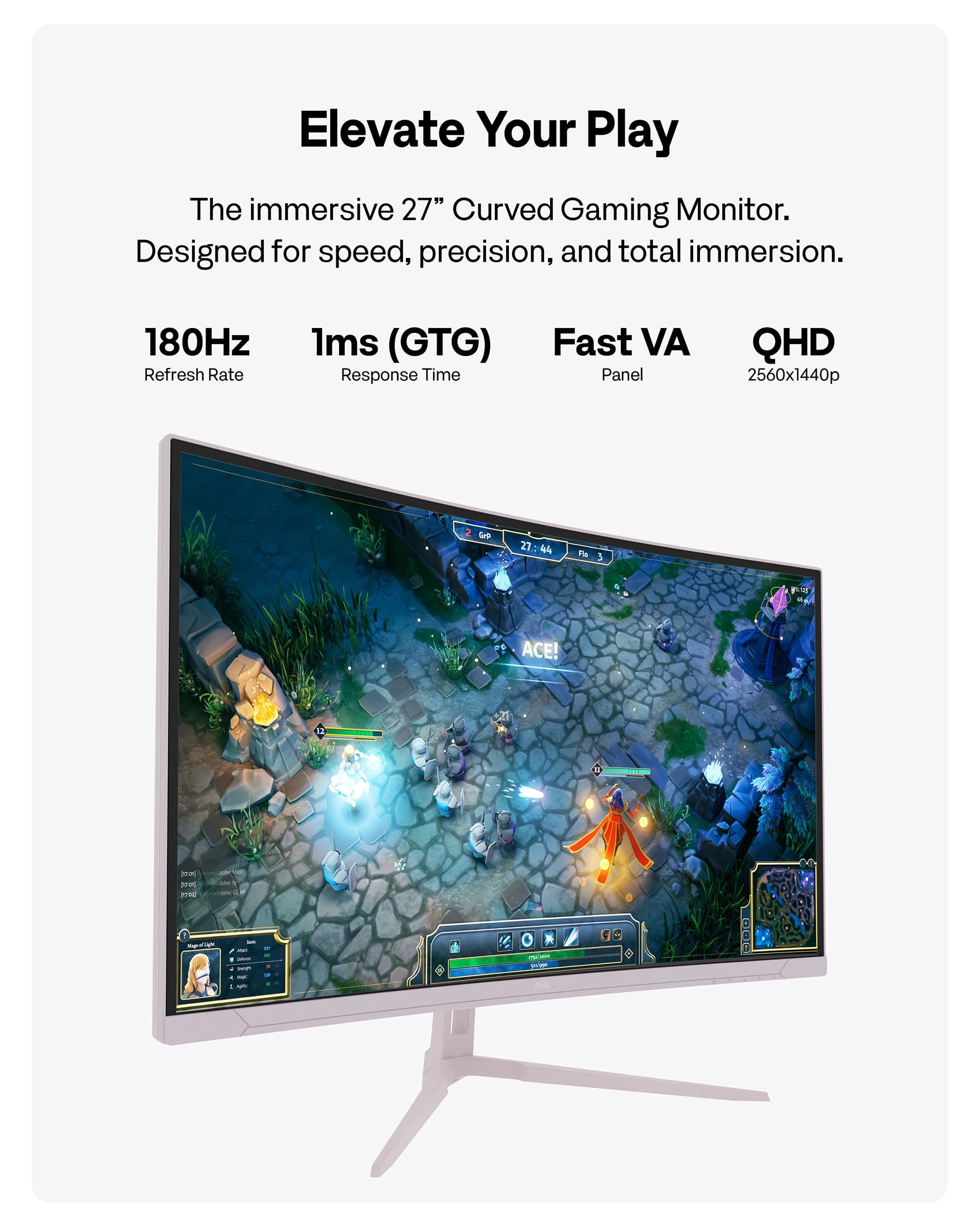 Pixio PXC278 Wave Pink 27 inch 180Hz Refresh Rate QHD 1440p Resolution 1650R Curved Fast VA Panel 1ms GTG Response Time Adaptive Sync HDR Curved Gaming Monitor