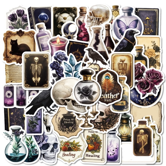 NookHive 50pcs Dark Aesthetics Stickers with Oil Lamp, Crow & Skull, Non-Repeating Waterproof Goth & Halloween Decals