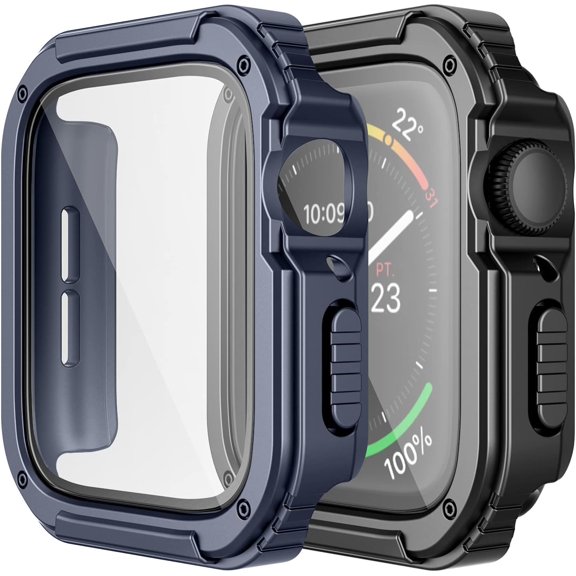 XIHAMA 2 Pack Rugged Case Compatible for Apple Watch 45mm Series SE/6/5/4 with Tempered Glass Screen Protector, Military All Around Hard TPU Protective Cover Case Shockproof Bumper for iWatch Men