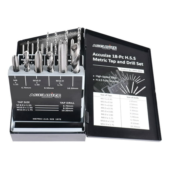 Accusize Industrial Tools 18 Pc H.S.S. Tap and Drill Set, Metric, 0001-0052