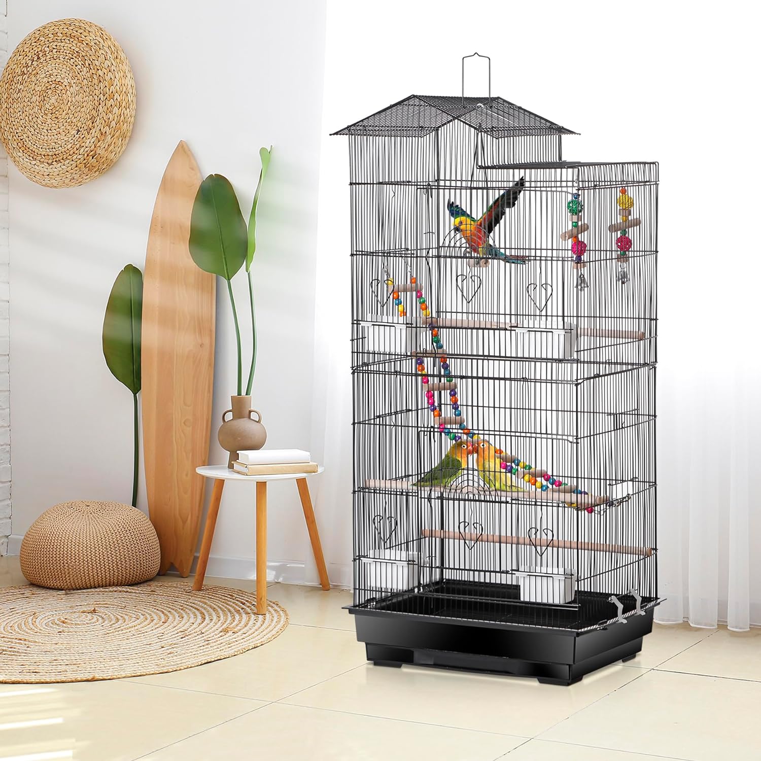 HJTER 39-inch Roof Top Large Flight Parrot Bird Cage for Small Quaker Cockatiel Canary Sun Parakeet Green Cheek Finch Budgie Lovebirds Wrought Iron Pet Bird Cage w/Toys