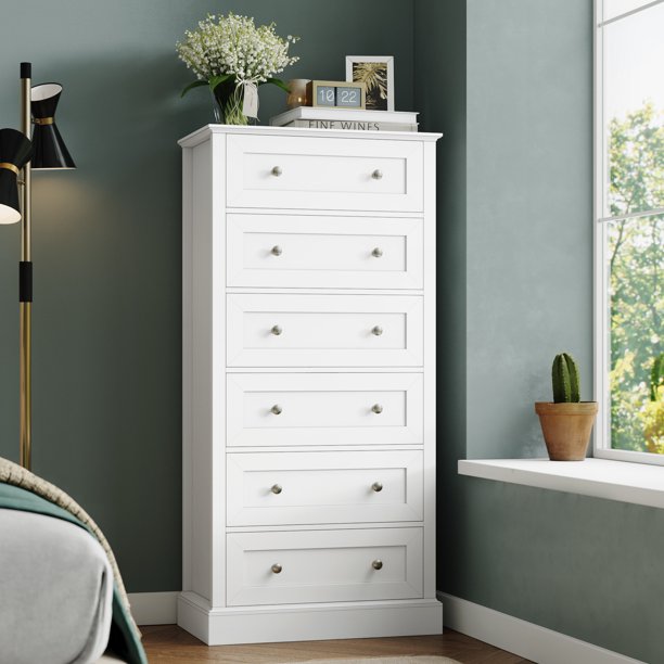 Homfa 6 Drawer White Dresser, Tall Chest of Drawers Storage for