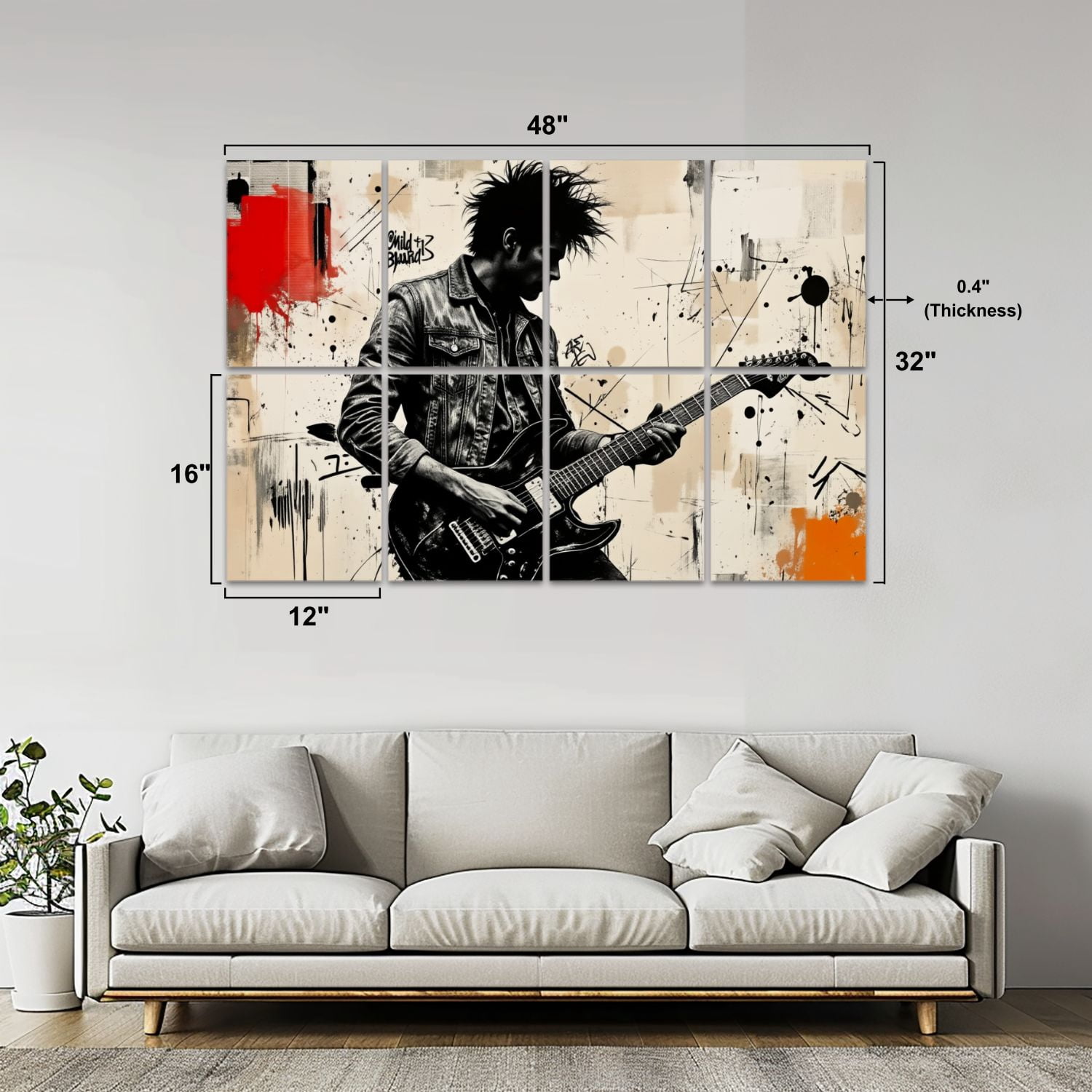 Musical 8 Pack Art Acoustic Panels Sound Absorbing Black White Punk Guitarist Abstract Splatter Decorative Soundproof Wall Panels Self Adhesive for Nursery Game Room Music Classroom 48"x32"