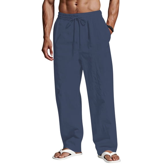 GrmtClth Men's Linen Pants Loose Fit Wide Leg Trousers Lightweight Drawstring Waist Casual Beach Pants with Pockets Navy XL