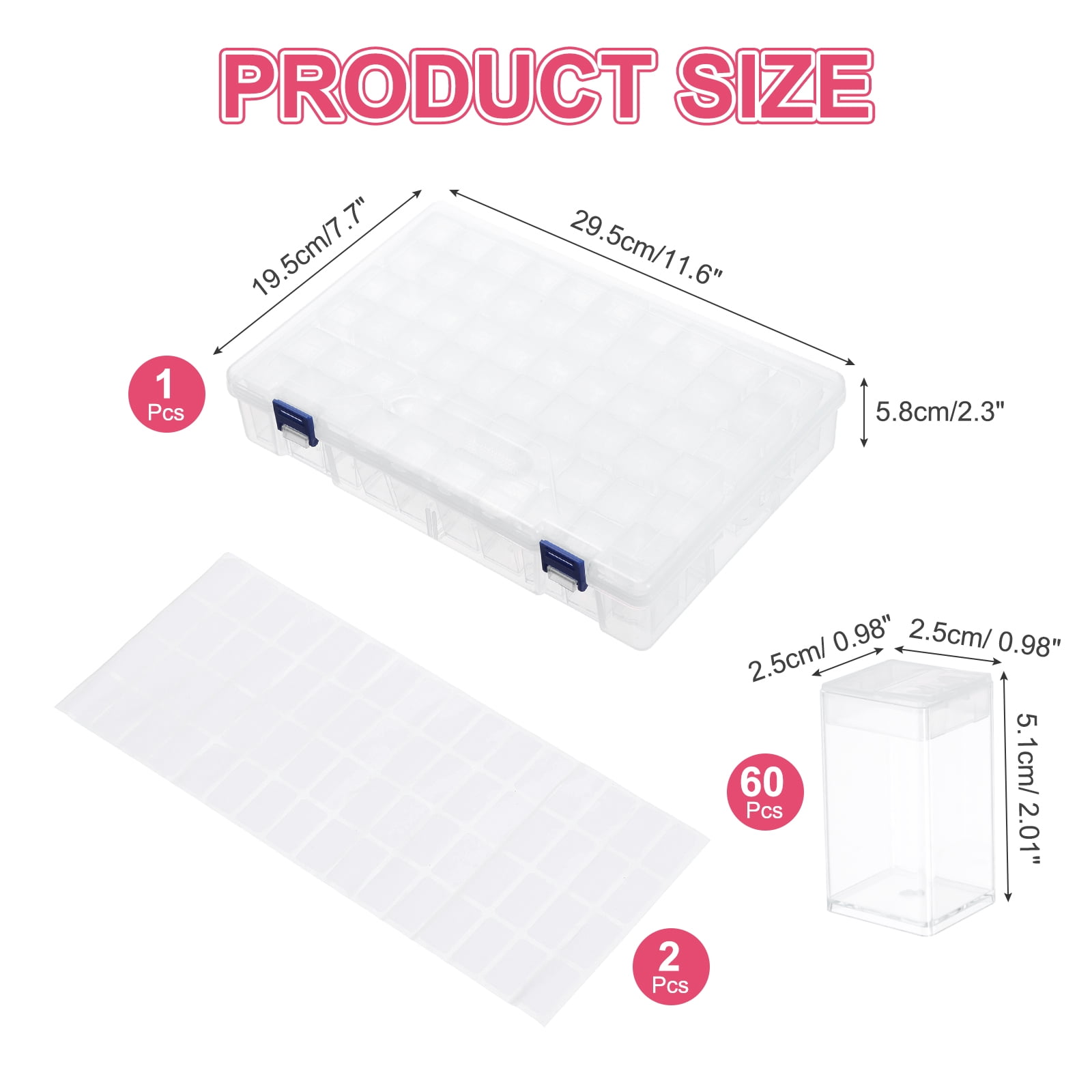 Uxcell 60 Slots Diamond Art Storage Containers, Clear Plastic Diamond Art Painting Beads Organizer Case Accessories with Labels for Jewelry Nail Crafts Rhinestones, 11.6x7.7x2.3inch