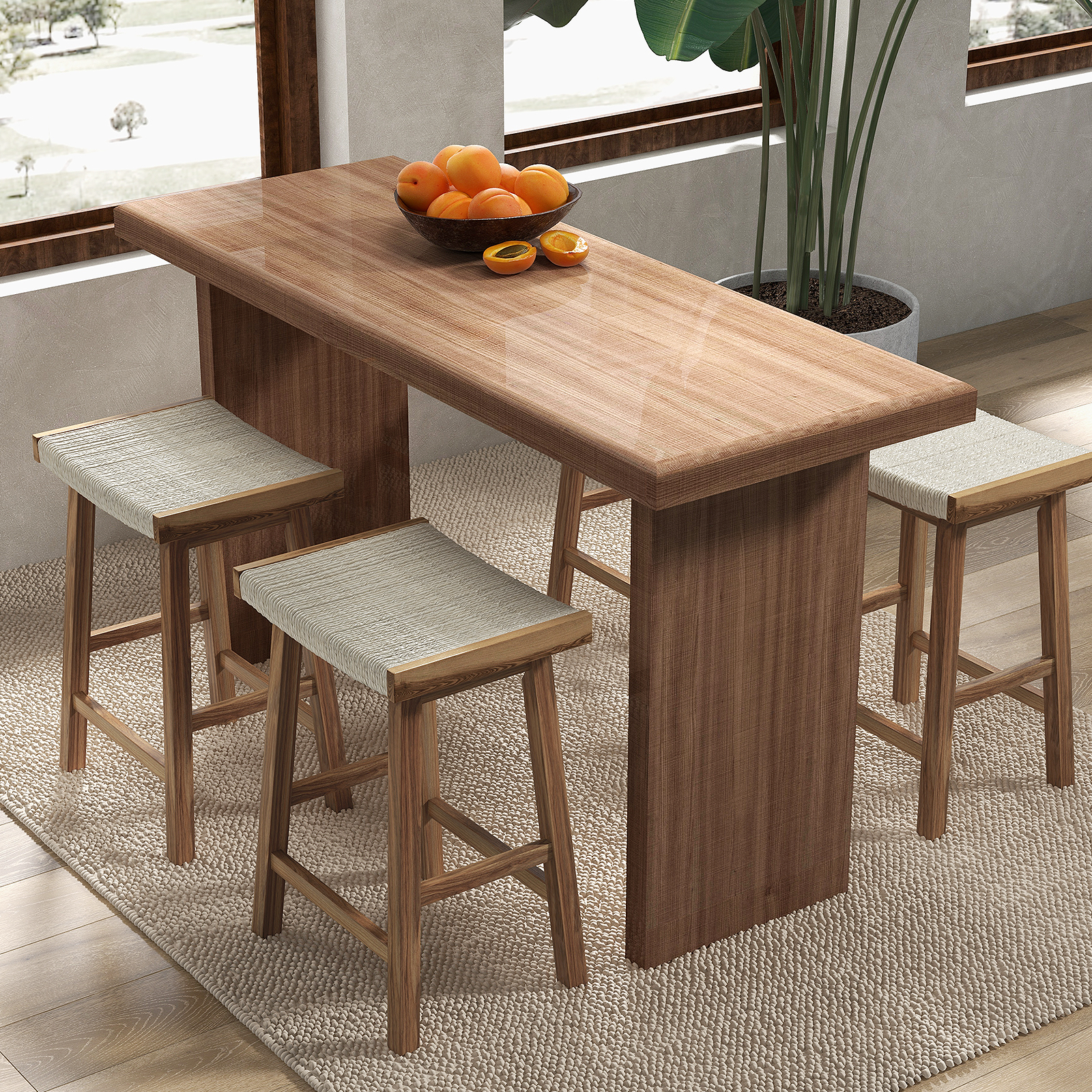 BLACK JAGUAR Bar Stools Set of 2 25.5” Counter Height Bar Stools with Seagrass Woven Seat Solid Wood Frame & Comfortable Footrests