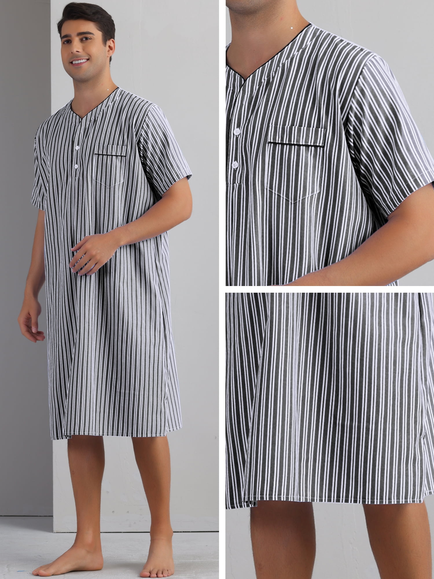 DARING DIVA Men's Short Sleeve Striped V-Neck Button Down Sleep Gown M Black