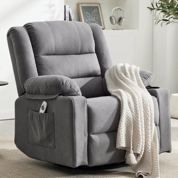 Swivel Rocking Recliner Chair for Adults, Overstuffed Manual Rocker Nursery Recliner Glider, Upholstered Fabric Reclining Single Sofa Chair for Living Room (Grey)