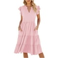 thumbnail image 1 of QIPOPIQ Robe Mini pour Femmes 2024 Été Col Rond à Cordon Volant Manches Courtes à Revers Poches Latérales Robe d'Été Liquidation, 1 of 5