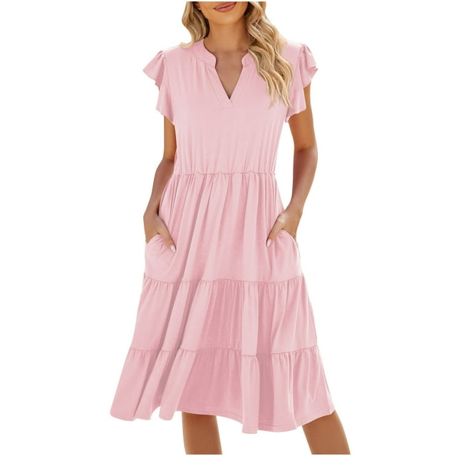 QIPOPIQ Robe Mini pour Femmes 2024 Été Col Rond à Cordon Volant Manches Courtes à Revers Poches Latérales Robe d'Été Liquidation