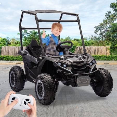 Kojooin Voiture Électrique 24 V pour Enfants avec Tente, Véhicule Tout-Terrain Électrique 4RM avec Lumières DEL, Musique, Klaxon et 3 Vitesses, 2 Places