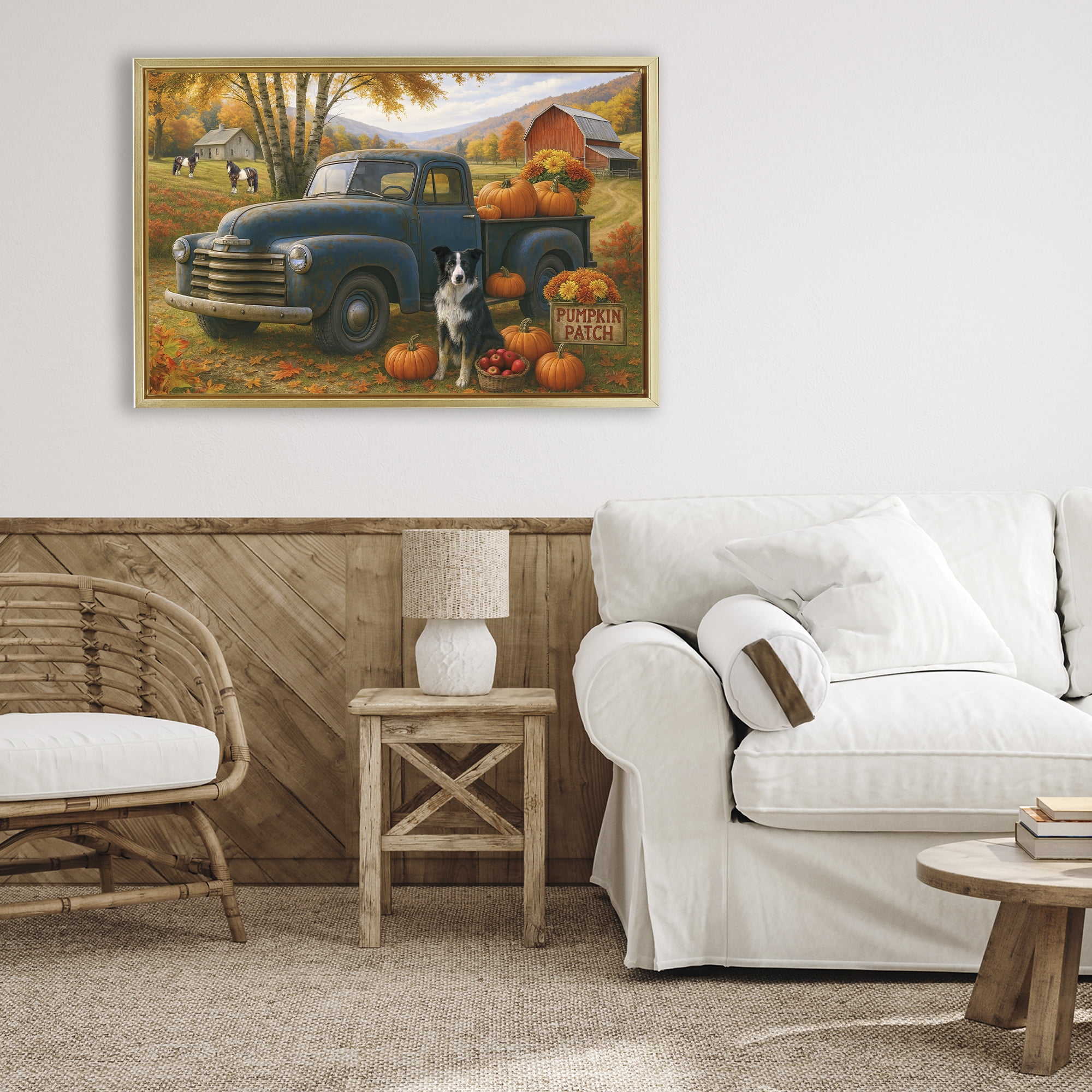 Autumnal Farmland Collie Dog Gold Framed Floater Canvas Wall Art, design by Tom Crehan