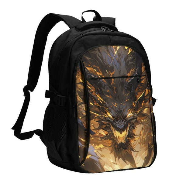 Fotbe Cool Black Gold Dragon Mochila con Estampado y Puerto USB para Hombre y Mujer, Mochila Antirrobo, Mochila de Viaje, Mochila Escolar, Mochila Universitaria