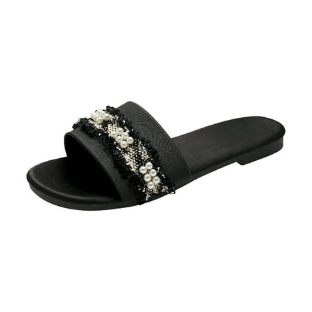 

Cathalem Fashion Women Beach Slip On Pearl Casual Open Toe Non Slip Flat Breathable Slippers Shoes Sandals Black 39
