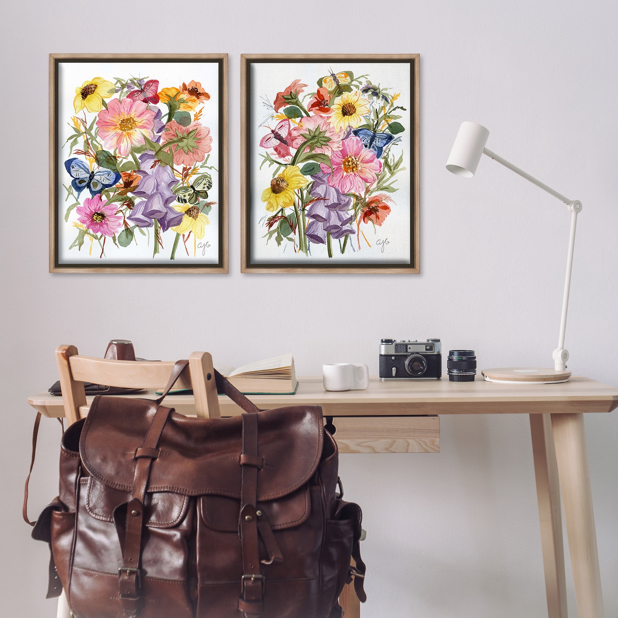 Stupell Industries Traditional Butterflies & Florals Botanical & Floral Painting Brown Floater Framed Canvas Art Print Wall Art, 25 x 31, Set of 2