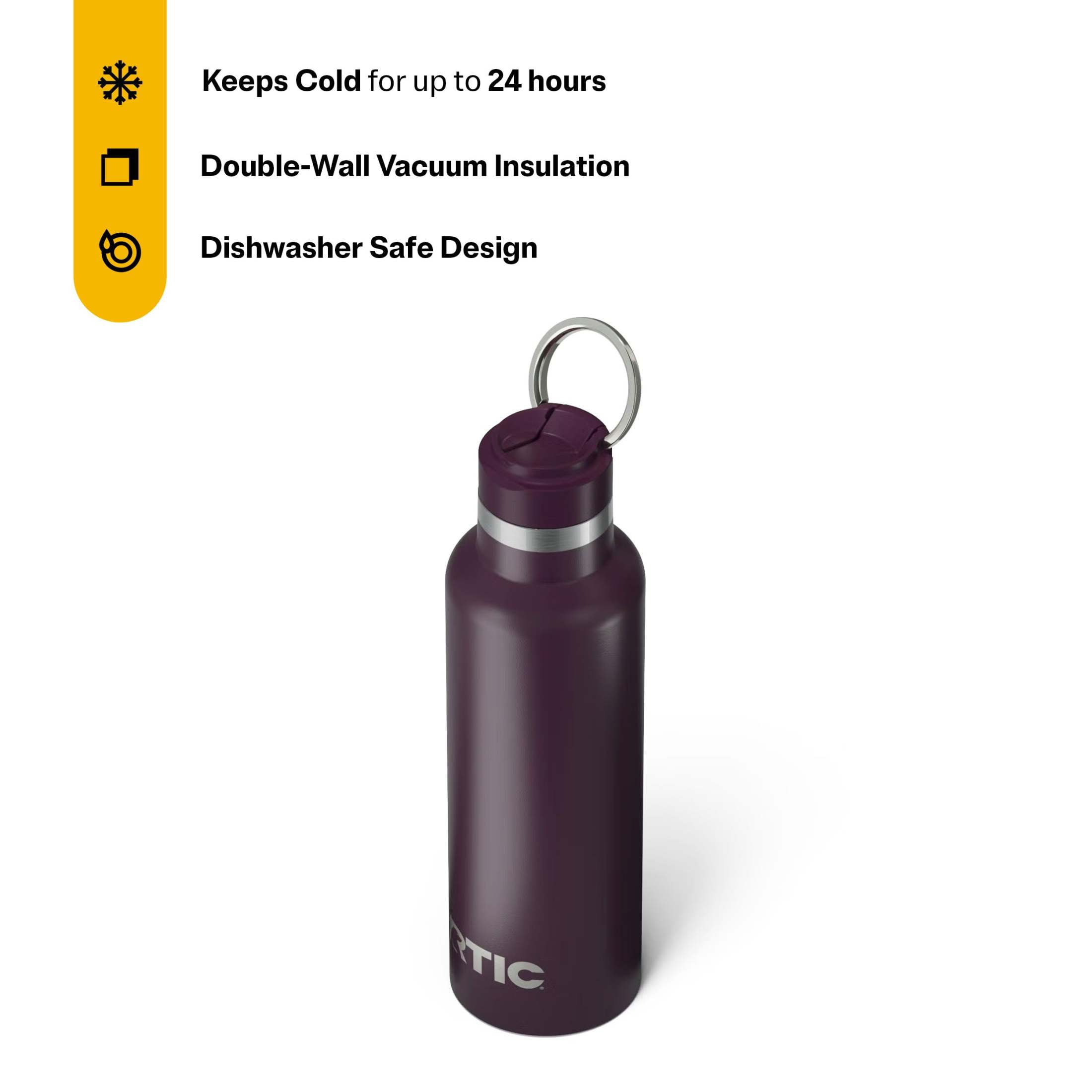 RTIC 20 oz Ceramic Lined Insulated Journey Water Bottle, Leak-Proof Lid, Plum