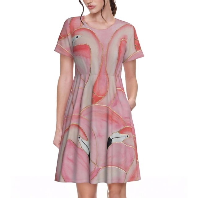 Balery Flamingos Vestidos sueltos de manga corta para mujer, vestidos de verano 2025, vestidos casuales de corte A con vuelo.