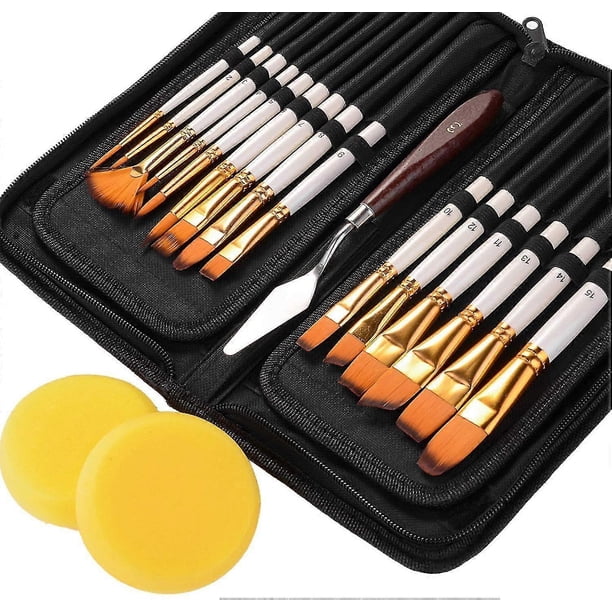 18 Piece Oil Painting Brush Set - Flat Brushes With Pop Up Carry Case Spatulas And Sponges - Premium Nylon Brushes
