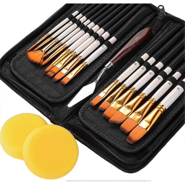 18 Piece Oil Painting Brush Set - Flat Brushes With Pop Up Carry Case Spatulas And Sponges - Premium Nylon Brushes