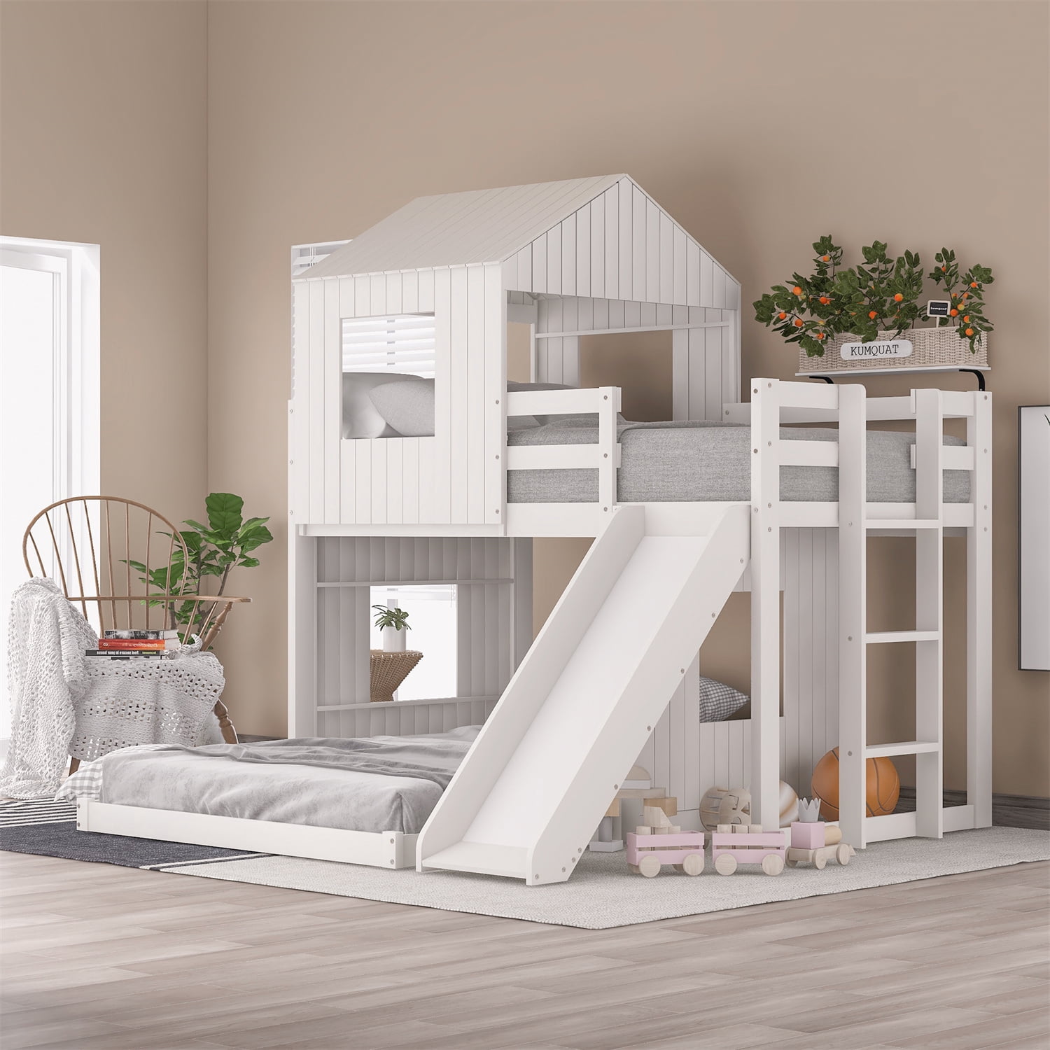 Twin Over Full Bunk Bed House Bed with Slide, Wood Loft Playhouse Bed ...