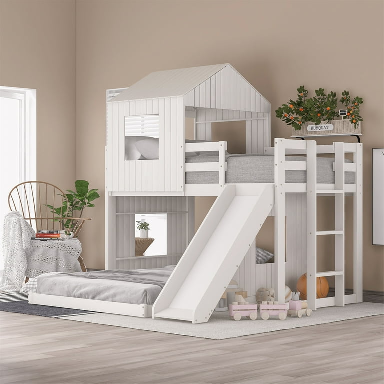 Twin Over Full Bunk Bed House Bed with Slide Wood Loft Playhouse