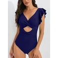 thumbnail image 2 of Cadmus Womens V Neck Ruffled One Piece Swimsuit Tummy Control Cutout Bathing Suits,2390, Blue，Medium, 2 of 6