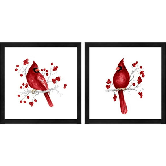 Great Art Now Winter Cardinal in Red by Janice Gaynor, 2 Piece Framed Art Set Each 13"W x 13"H
