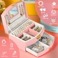 thumbnail image 4 of Teqhome Jewelry Organizer Box for Women Girl Wife 2-Layer PU Leather Travel Jewelry Storage Case with for Earrings Bracelets Rings Necklaces (Pink), 4 of 9