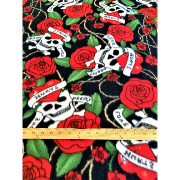 Lilly Craft Skulls and Roses on Black Print Fleece Fabric is 58-60" Wide and Sold by the Yard