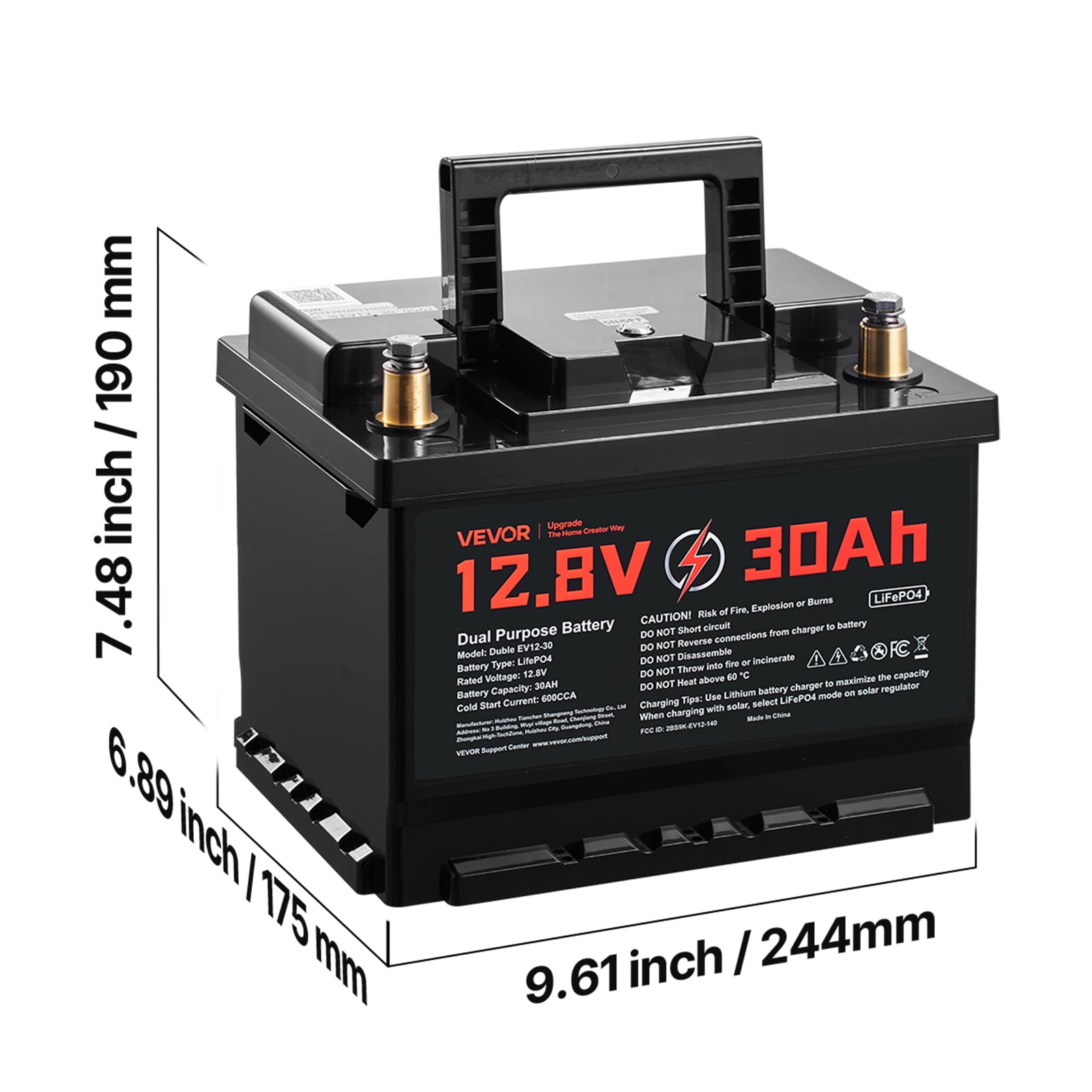 VEVOR 12V 30Ah Dual Purpose LiFePO4 Lithium Battery, 600 Cca Group 47, Car Start-Stop Lithiumion Starter Battery Plus Deep Cycle, Built-in Smart Bms, for Automotive, Trolling Motor, Engine Starting