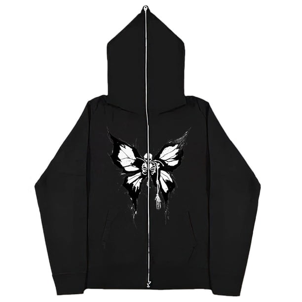 Sudaderas informales con mariposas Y2k oscuras europeas y americanas para hombres y mujeres, sudaderas con capucha góticas para parejas, sudadera con cremallera de gran tamaño Harajuku