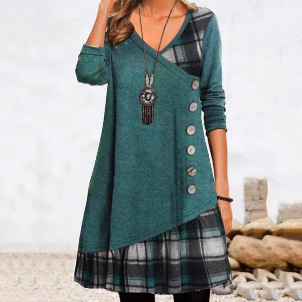 WILLBEST Faldas Para Mujer Vestido De Mujer De Manga Larga Con Cuello En V Y Patchwork Con Botones Decorados Y Estampado A Cuadros