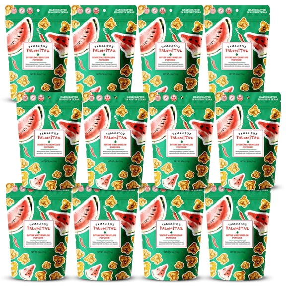 Palomitaz Gourmet Popcorn Divine Watermelon Popcorn – Sweet & Spicy Mexican-Style Kettle Corn with Watermelon, Chili, Lime & Sea Salt – Handcrafted Snack – Gluten-Free, Vegan – 12 Bags (4oz Each)