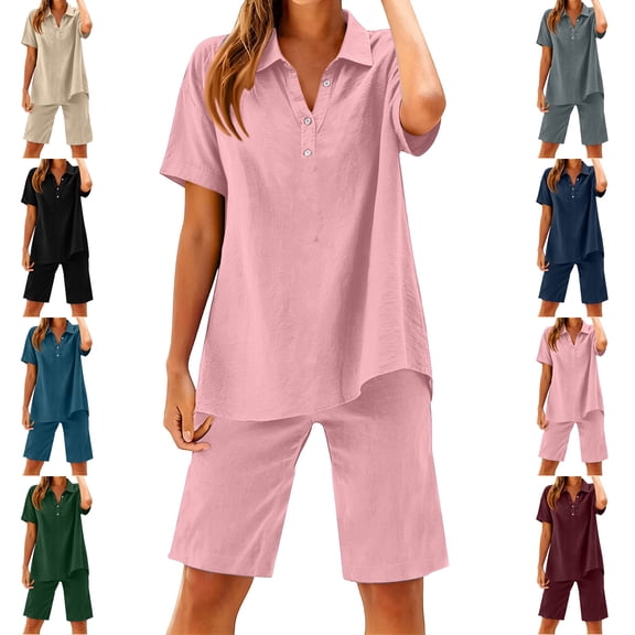 MLCDZ Short Sets for Women 2 Piece Outfits Short Sleeve Button V Neck Shirts and Bermuda Shorts Sets Beach Vacation Clothes with Pockets