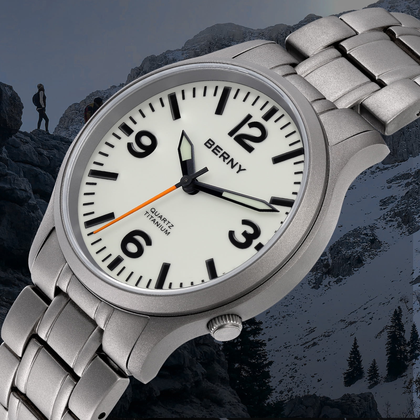 BERNY Watches for Men Military Sport Titanium Field Watch with Sapphire Crystal Luminous Fashion Analog Quartz Watch Easy to Read 50M Waterproof Army Tactical Casual Wristwatch (White)