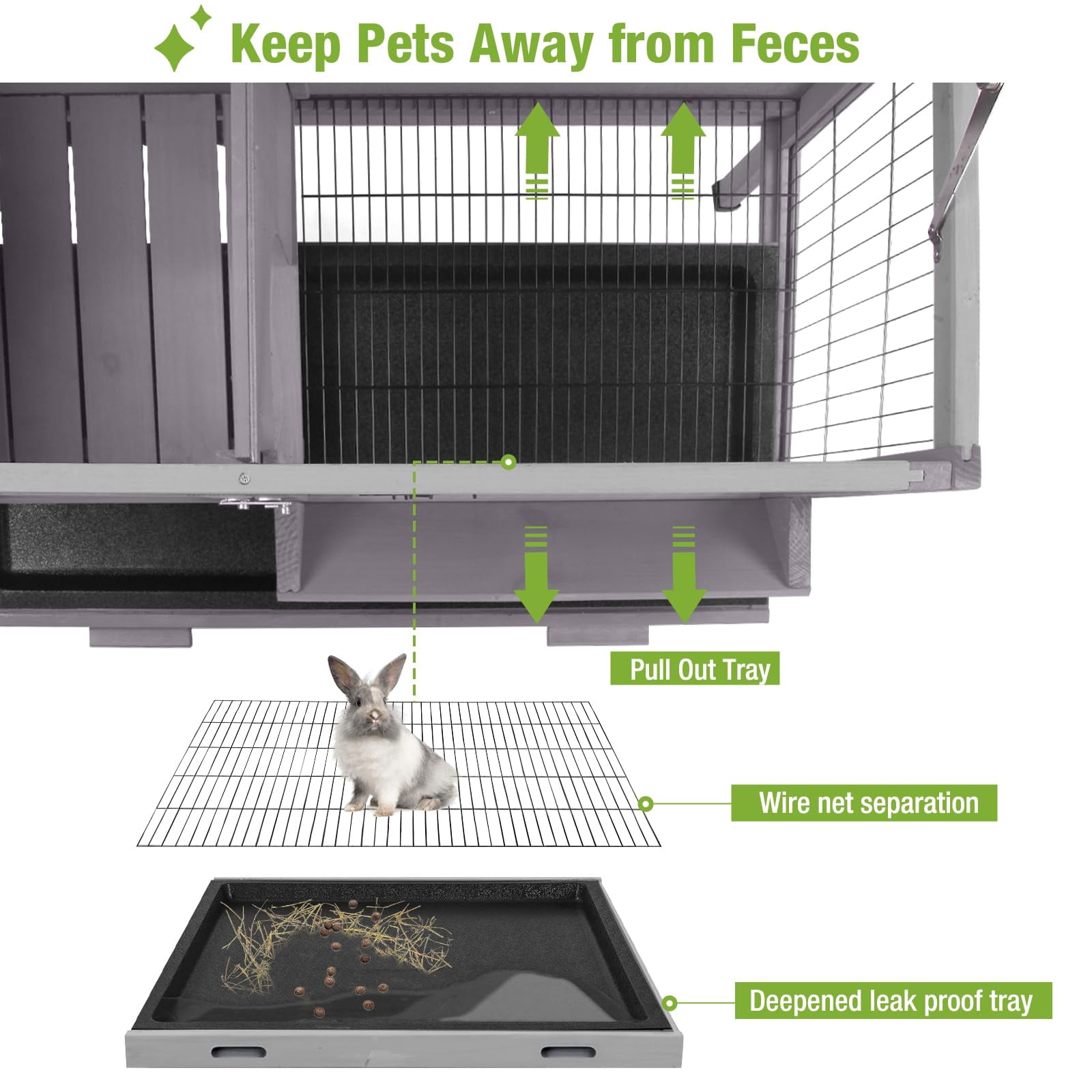 BUTINGLALE Guinea Pig Cage Indoor Wooden Rabbit Hutch with Metal Floor Grid and Removable Tray for Easy Cleaning, Bunny Cages Outdoor Waterproof Roof and Elevated Legs