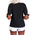 thumbnail image 3 of Summer V-neck Women Solid Color Off Shoulder Casual Shirt Bownot Blouse Tops, 3 of 3