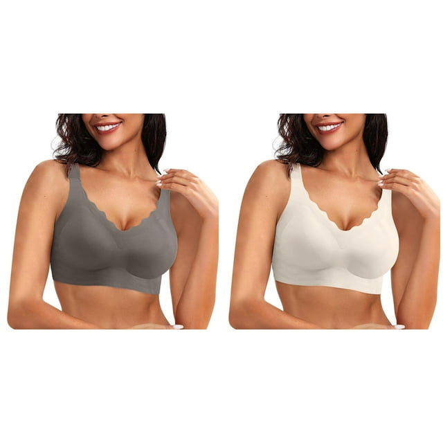 2 Pack(Coffee 1PCS & White 1PCS) Multipack Womens Seamless Bras No Support Bra Underwire Scalloped Push Up Bras Soft Wireless Comfort Bralettes Full Coverage Everyday Bra