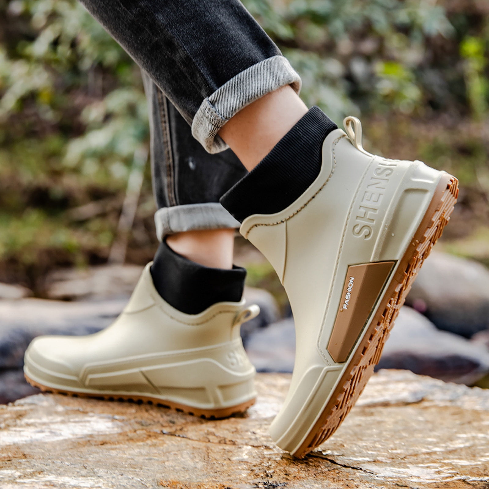 Pandaie Women's Deck Boots Waterproof Ankle Rain Boots Outdoor Fishing Garden Shoes Lightweight Anti Slip Work Rainboots Booties Beige 9.5