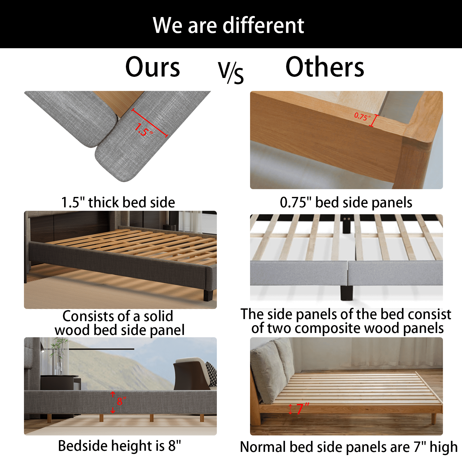 Nathaniel Home Cotton Linen Tufted Upholstered Bed, King Platform Bed Frame, Low Profile Platform Beds Strong Wooden Slats, Adult Gray