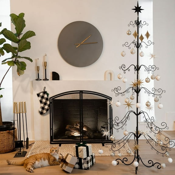 Barton Wrought Iron Christmas Tree Ornament Display Stand, 6.4' Metal Holder with 138 Hooks, Black