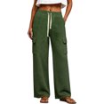 thumbnail image 3 of Women's Soft Wide Leg Cargo Sweatpants with Pockets, Elastic Drawstring Mid Waisted Casual Hiking Jogging Work Outdoor Pants for Women | UKHCCC,Army Green L, 3 of 9