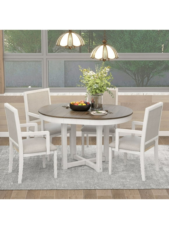Expandable Round Dining Table Set - Two-Size Convertible Table & 4 Upholstered Chairs - Brown & White Combo - Distressed Finish - Sturdy Solid Wood - Elegant Dining for Any Occasion - Easy Assembly
