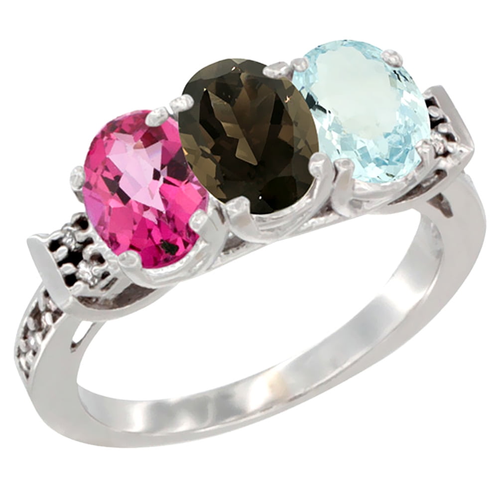 10K White Gold Natural Pink Topaz, Smoky Topaz & Aquamarine Ring 3-Stone Oval 7x5 mm Diamond Accent, sizes 5 10 by WorldJewels