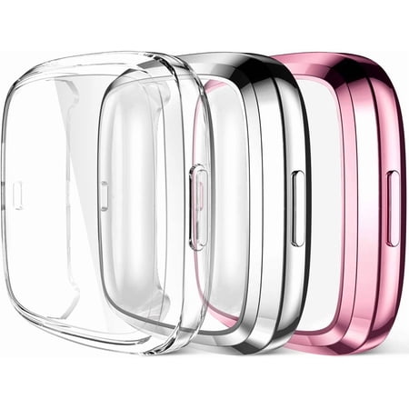Tianle Compatible with Fitbit Versa 2 Screen Protector Case, Full Protective Case Cover for Versa 2 Smartwatch Bands Accessories, 3 Pack Rose Pink/Silver/Clear