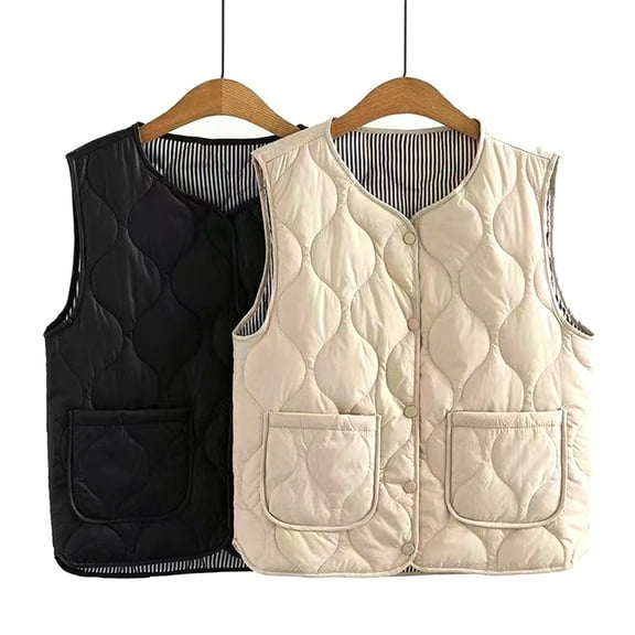Winter Women Layering Vest Coat with Storage Bag Thin Padded Press Button Closure V Neck Sleeveless Solid Color Windproof Heat Retention Outdoor Down Coat