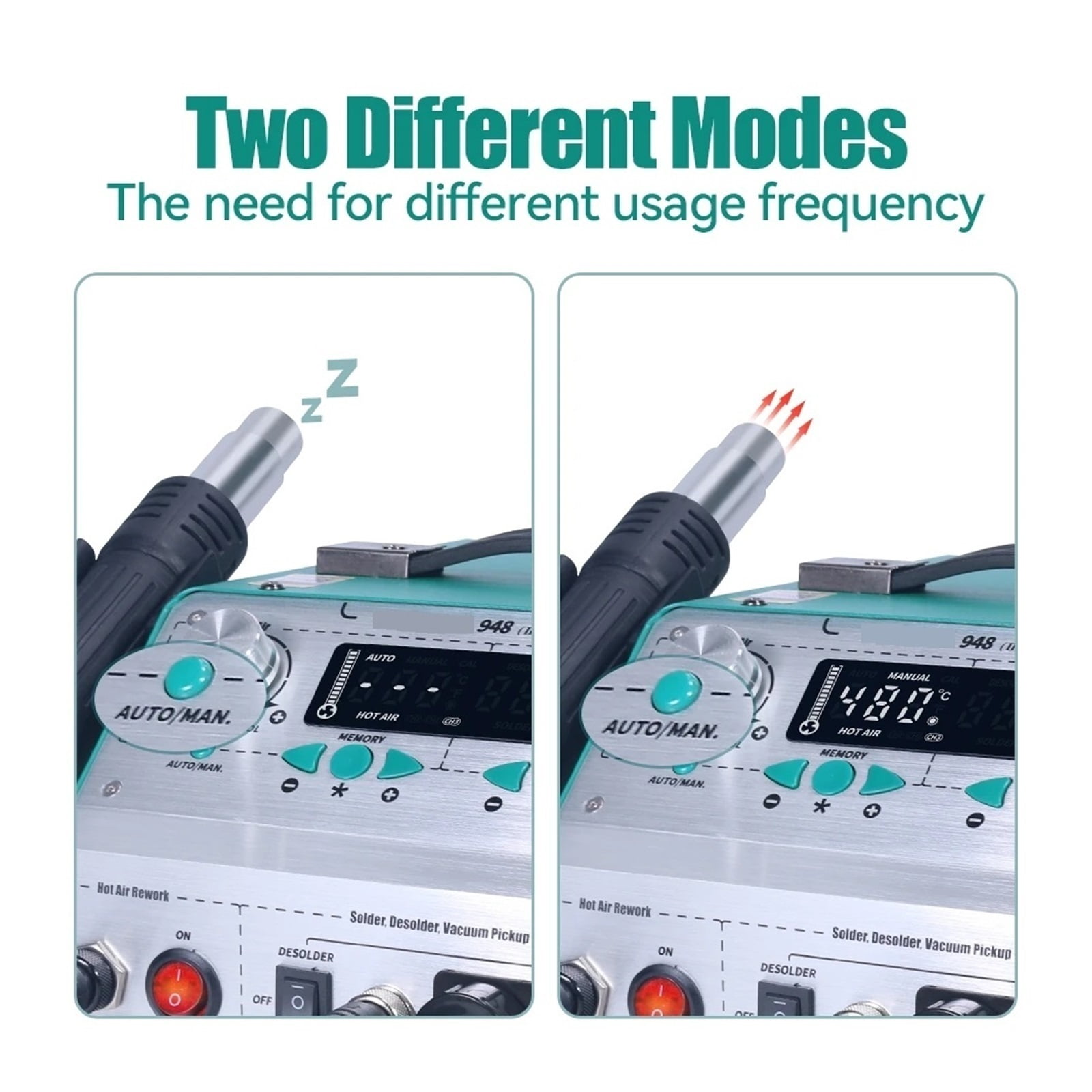 948-II 4 In 1 Desoldering Hot Air Gun Rework Soldering Iron Suction Tin Gun Pick Up Pen Desoldering Soldering Station ,Fast Heating and Auto Hibernate