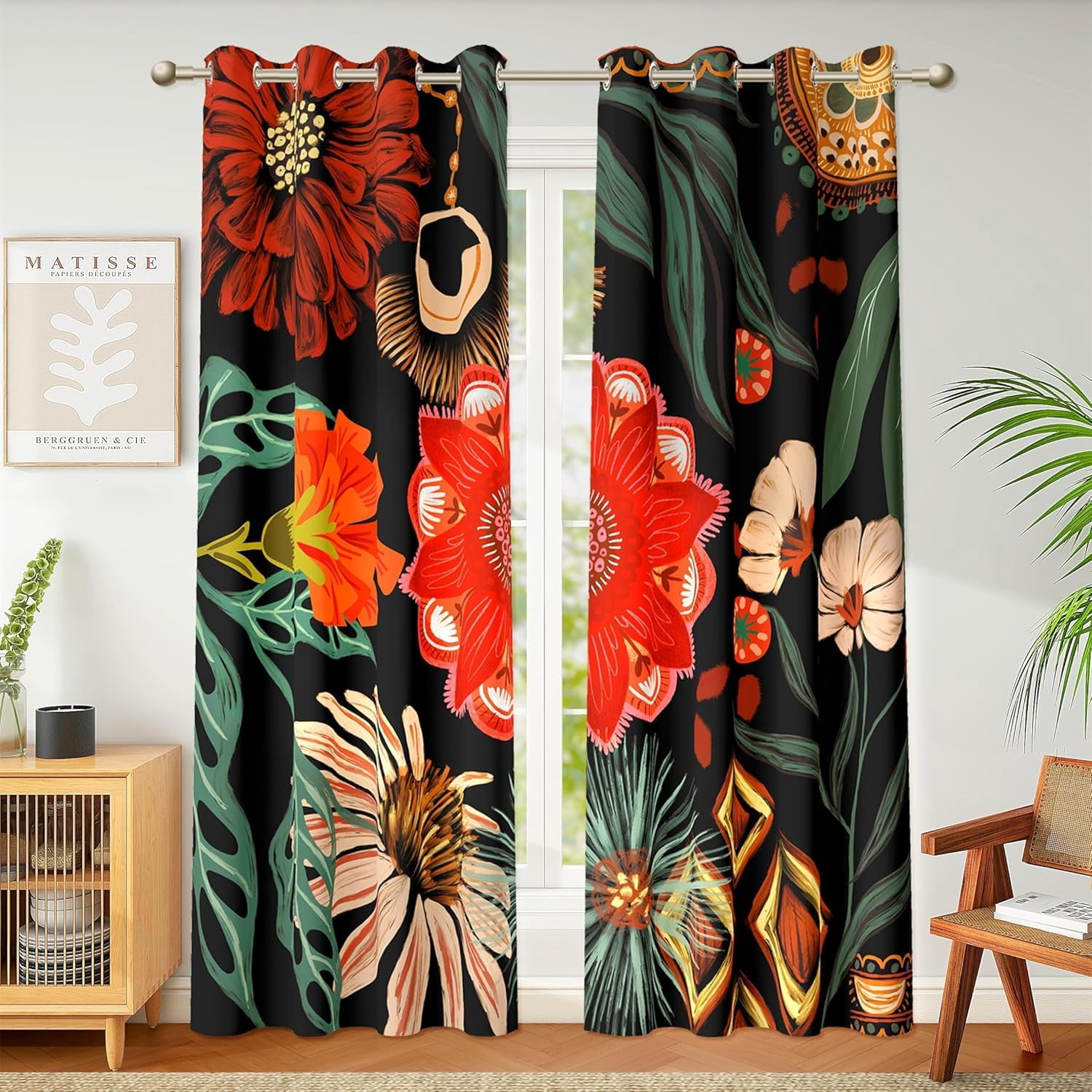 Tyrot 2 Panels Black Boho Floral 100% Blackout Curtains for Living Room Grommet Curtains, 52" x 84"